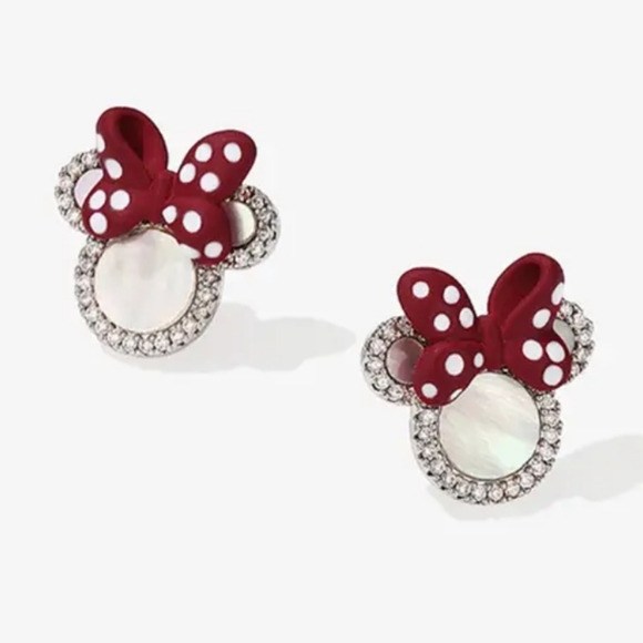Jewelry - Mouse with bow post earrings Red White Silver Rhinestone NIP